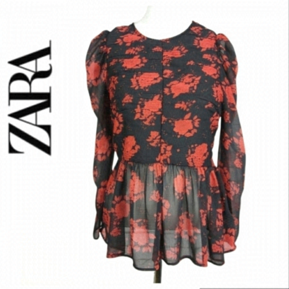 Zara floral black red blouse